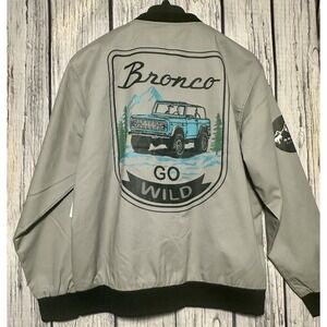 Ford Bronco Jacket Road Trip Mens Large Snap Close Bomber Gray Graphic Print NWT